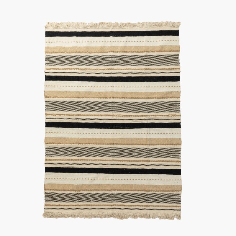 BLACK AND NATURAL BEIGE STRIPED COTTON AREA RUG