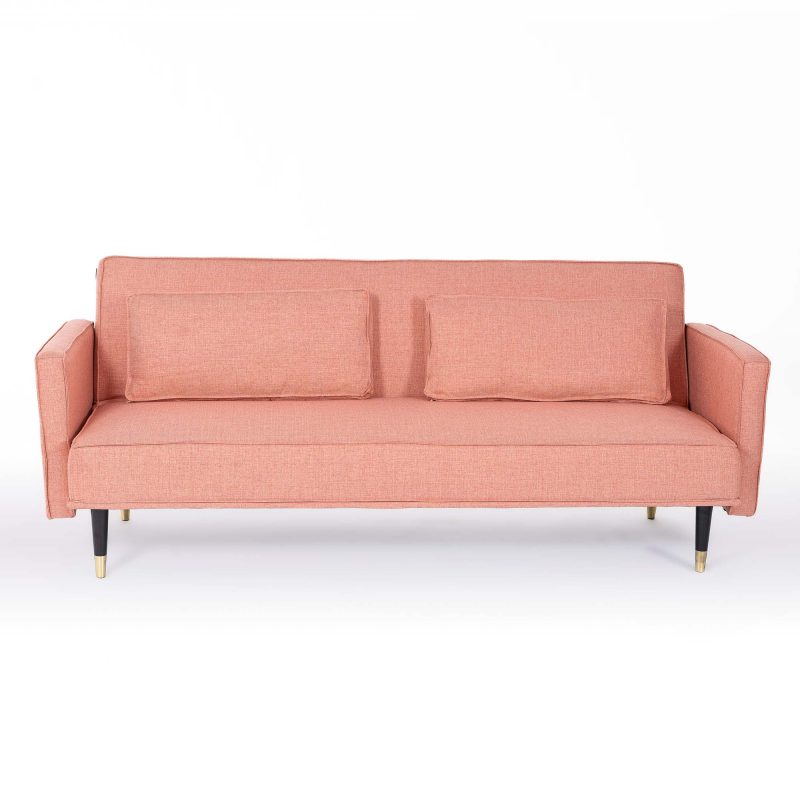 UPHOLSTERED SLEEPER SOFA WITH BLACK METAL LEGS AND DECORATIVE CUSHIONS